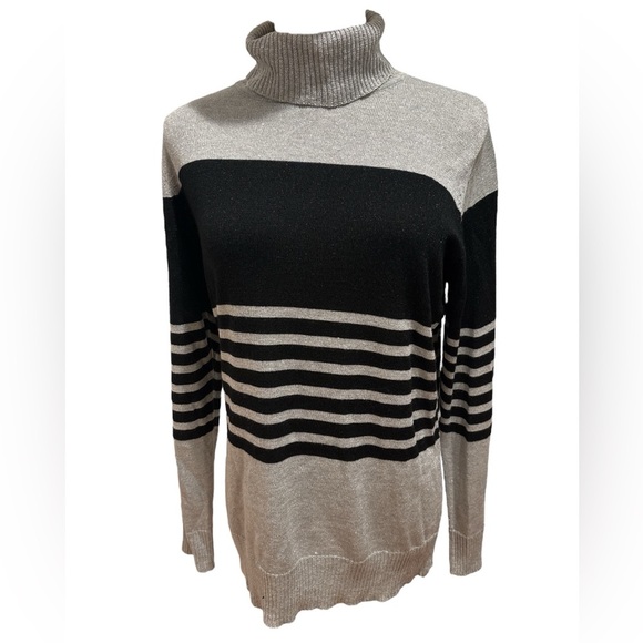 Y2K SPARKLING METALLIC SILVER & BLACK STRIPED TURTLENECK SWEATER JOSEPH A. SZ L - Picture 1 of 5
